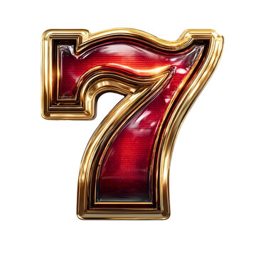 A striking 3D render of the number seven adorned with a polished gold border and a rich textured crimson fill set against a clean white background
