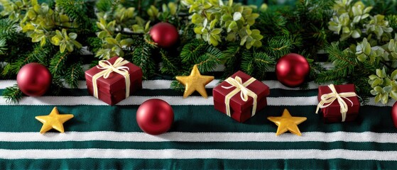 Decorative items for a celebration include shiny silver gifts, ornaments, and lush greenery arranged on a vibrant green surface