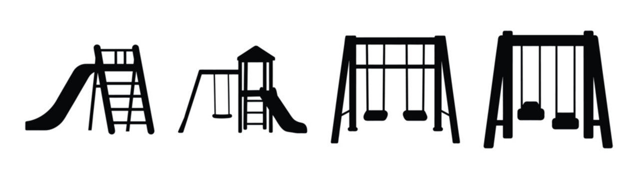 Simple playground equipment icons featuring slides swing sets and modular playsets perfect for children's outdoor activity designs