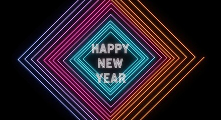 Happy new year text inside a neon geometric diamond shape on black no logo use