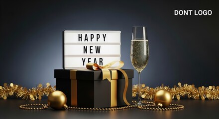 Happy new year lightbox, gift box, champagne, and golden decorations no logo use
