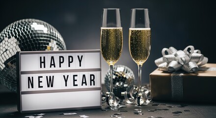 Happy new year celebration with champagne and disco ball no logo use