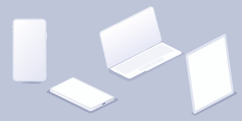 Collection of minimalist white electronic devices including a smartphone laptop and tablet displayed in isometric perspective
