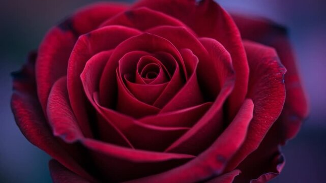 Macro shot of a deep red rose with velvety petals and a blurred, moody background