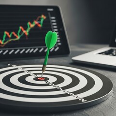 Dart hitting bullseye on target with stock market graph on tablet no logo use