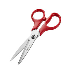 Scissors with red handles, sharp blades, and a metallic fastener