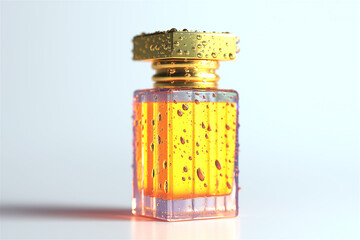 Luxury glass bottle filled with golden perfume oil on bright surface, concept of fragrance, elegance, and high-end beauty lifestyle.