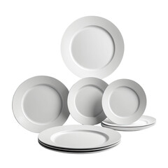Stacked and scattered white ceramic plates on a black background