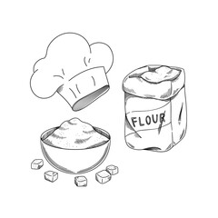 Baking Ingredients Sketch Vector Flour Sugar and Chef Hat on White Background. Hand-drawn kitchen ingredients illustration, ideal for bakery logos, recipe cards, and culinary projects.
