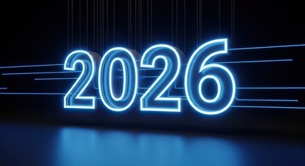 Futuristic glowing neon number 2026 on dark background no logo use