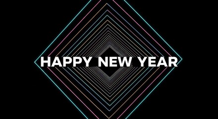 Happy new year text inside a geometric tunnel with colorful lines no logo use