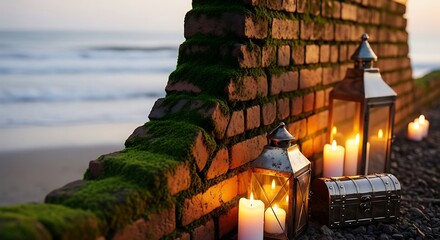 Warm Candlelight Illuminates Mossy Brick Wall and Lanterns by the Ocean at Tranquil Dusk.