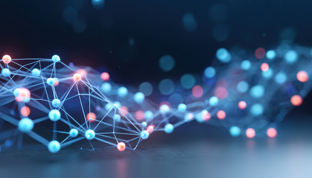 Medical trends glowing neural network visualization of interconnected data nodes and lines soft blue and coral lighting evoking innovation