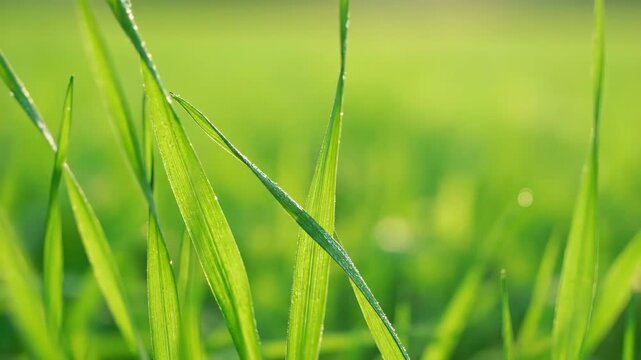 A tranquil close-up shot captures individual green grass blades gently swaying in a soft breeze with a beautifully blurred background, illuminated by subtle daylight natural, natural beauty, texture