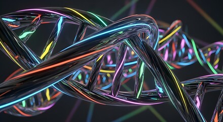 Abstract visualization of a colorful, metallic dna double helix structure against a dark background