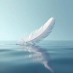 Obraz premium White feather gently rests on calm blue water surface. Creates small ripples, reflects on liquid. Soft light blue background, clean space. Natural object lightness, tranquility, peace, purity.