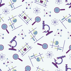 Modern seamless science pattern featuring microscopes magnifiers atoms and laboratory flasks ideal for education projects research backgrounds chemistry designs and academic illustrations