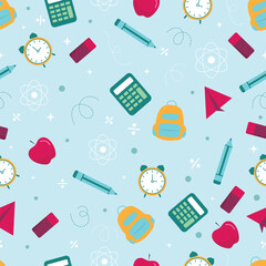 Playful seamless school pattern with backpacks calculators pencils clocks apples and paper planes perfect for education themes stationery design learning backgrounds and classroom projects