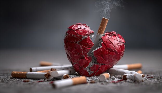 Broken heart with cigarette illustrates the damaging effects of smoking, conveying a powerful message for health campaigns and addiction awareness initiatives