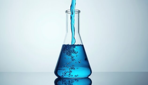 Blue liquid is poured into a clear Erlenmeyer flask. The flask is filled with a transparent blue solution and bubbles are formed. The background is white and the flask is reflected on a shiny surface.