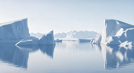 Majestic icebergs float serenely in the calm, reflective waters of a polar region under a clear sky.