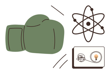Green boxing glove in action, atom structure, tangled wire, lightbulb. Ideal for innovation, challenge, science, problem-solving competition creativity energy. Simple flat metaphor