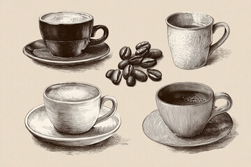 Set of coffee shop elements with cups and beans