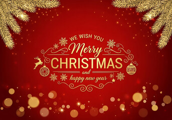 Elegant merry christmas and happy new year greeting text with festive ornaments and bokeh lights on a red background isolated on white background