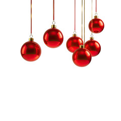 Glossy red baubles, some hanging, against a stark black background