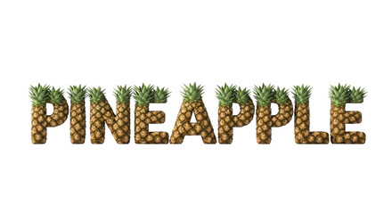 Text spelling "pineapple," each letter formed from miniature fruits on a black background