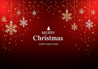 Elegant golden snowflakes falling on a deep red gradient background with merry christmas text isolated on white background
