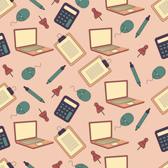 Professional seamless office pattern featuring laptops calculators clipboards pens and computer mice ideal for workspace themes business design projects and modern stationery backgrounds