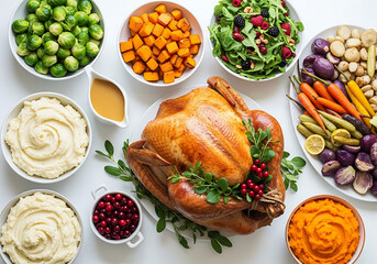 A delicious roasted turkey surrounded by various thanksgiving side dishes all isolated on white background