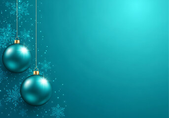 Two festive teal christmas ornaments with delicate snowflakes hanging against a deep teal background isolated on white background