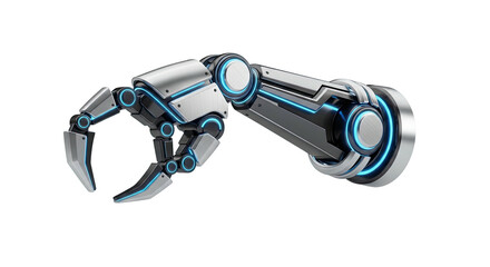 Futuristic robotic arm with blue light accents on transparent background