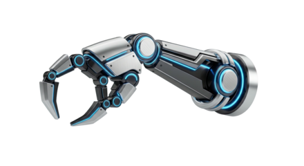 Futuristic robotic arm with blue light accents on transparent background
