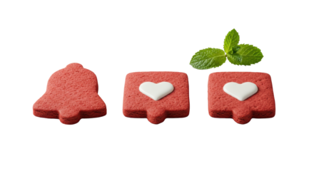 Perfectly baked red velvet social media icon cookies with white icing hearts, mint leaf, horizontal row, seamless transparent background, soft natural light. Concept for commercial food photography