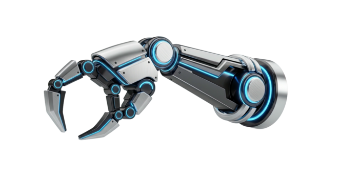 Futuristic robotic arm with blue light accents on transparent background