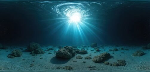 Deep underwater ocean scene with bright sun rays piercing swirling water surface vortex. Light illuminates sandy seabed, dark rocks. Blue water serene aquatic environment, rich deep sea landscape.
