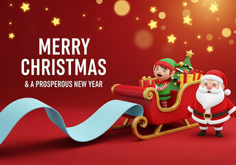 Merry christmas and a prosperous new year greeting with santa claus and elf in sleigh isolated on white background