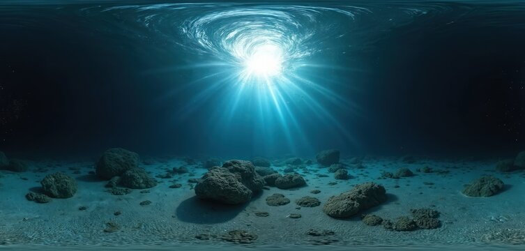 Deep underwater ocean scene with bright sun rays piercing swirling water surface vortex. Light illuminates sandy seabed, dark rocks. Blue water serene aquatic environment, rich deep sea landscape.