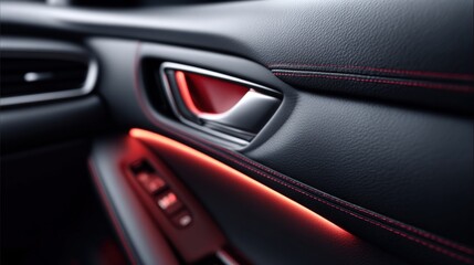 Car interior detail with red ambient lighting and black leather