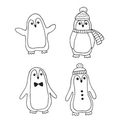 Winter penguins set of elements, hand drawing, vector illustration