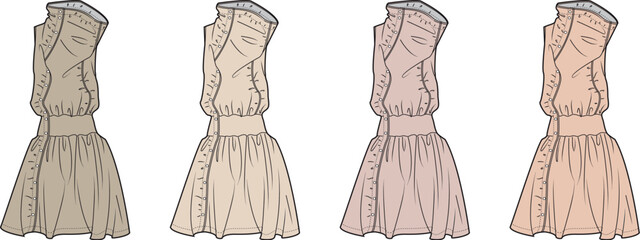 Fashion Illustration of Women's Dresses in Various Colors, Front View for Design and Style Concepts