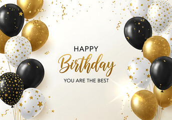 Elegant happy birthday greeting card with gold and black balloons and confetti isolated on white background