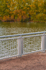 Metal fencing near a pond and park