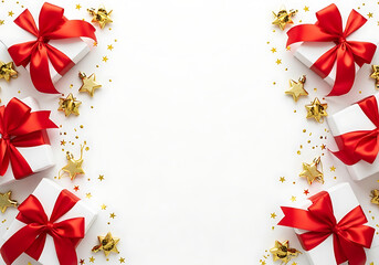 Festive christmas gift boxes with red satin bows and golden confetti scattered on a white background isolated on white background