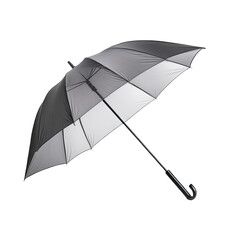 Open, grayscale umbrella against a black background