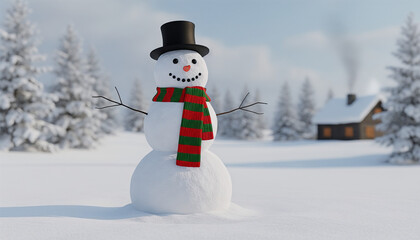 Fototapeta premium snowman wearing a black hat and a colorful scarf in a snowy landscape with a cozy cabin in the background