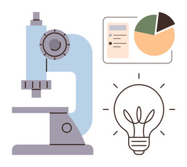 Microscope alongside pie chart and light bulb symbolizing research, innovation, data, science, education, problem-solving, and analysis. Ideal for STEM, learning and discovery concepts in a simple